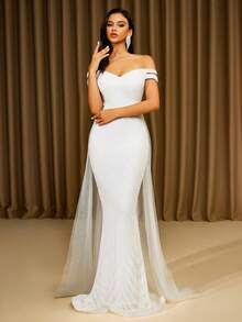 LOVE&LEMONADE Elegant White Off Shoulder Flowing Mesh Patchwork Backless Criss-Cross Tie Mermaid Long Wedding Dress - White - View 6