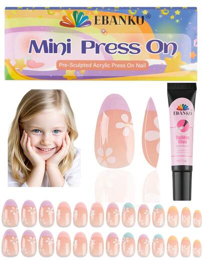 26pcs Kids Press-On Nails, 1 Pack Pink Flower Kids False Nails Suitable For Little Girls