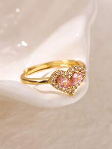 Dainty Pink Double Droplet Cubic Zirconia Heart Rings, 18K Gold-Plated & Silver Color Open Ring For Women, Golden Waterproof Wedding Jewelry Prom Accessories, Gifts For Mom/Best Friends - Heart & - View 3