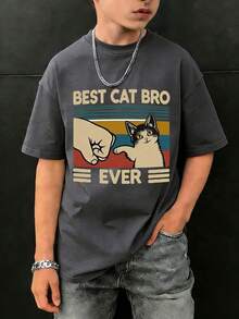 1 buah Kaos Lengan Pendek Kasual Motif Kucing Terbaik untuk Anak Laki-Laki Remaja, Atasan Musim Panas untuk Pelajar Muda - Dark Grey - View 3