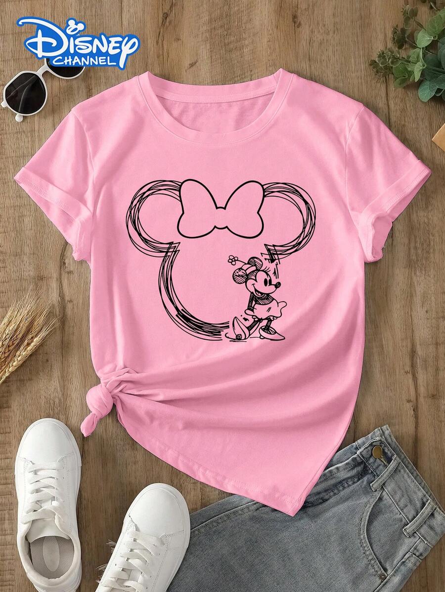 Disney Lady's T-Shirt, Featuring A Mickey Mouse Line Cartoon Pattern Print. Spring/Summer Style Women's Round-Neck T-Shirt. The Fabric Is Soft, Comfortable And Breathable, Suitable For Daily Wear, Shopping, Traveling, Parties, And When At Home. It Is Also Suitable As A Beautiful Gift. Every Lady Deserves To Own One. - Pink - View 1