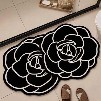 1pc Black Camellia Flower Shaped Bath Mat, Innovative Floral Design, Silica Gel Material Durable, Irregular Size With 1-5cm Trimming Error, Bathroom Mat, Bath Rug, Door Mat, Small Rug, Carpet, Mat, Home Decor, Area Rug, Outdoor Mat, Washable Carpet