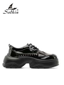 Salkin 男士设计师前卫黑色朋克风厚底系带鞋，4.5厘米增高，亮面漆皮休闲鞋，铆钉装饰，日常穿着，牛津经典学院风德比鞋，舒适商务休闲工作鞋，男士正装/商务正装婚礼配饰 - 黑色 - 查看 3