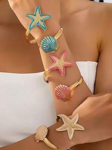 休闲时尚不对称海星贝壳手链，适合女性日常佩戴和海滩度假穿着 - 金色 - 查看 11