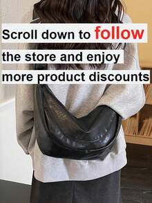 1pc Solid Color PU Crescent Shoulder Bag, Large Capacity, Fashionable For Adult Women, Suitable For Outings And Shopping - Black - View 2