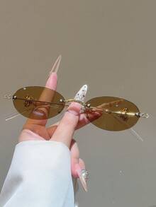 1 Pc Women's New Oval Frame Fashion Glasses Rimless Design Simple Decorative Glasses Novel Temple Design Shiny Rhinestone Decoration Solid Color Women's Fashion Accessory - Multicolor - View 7