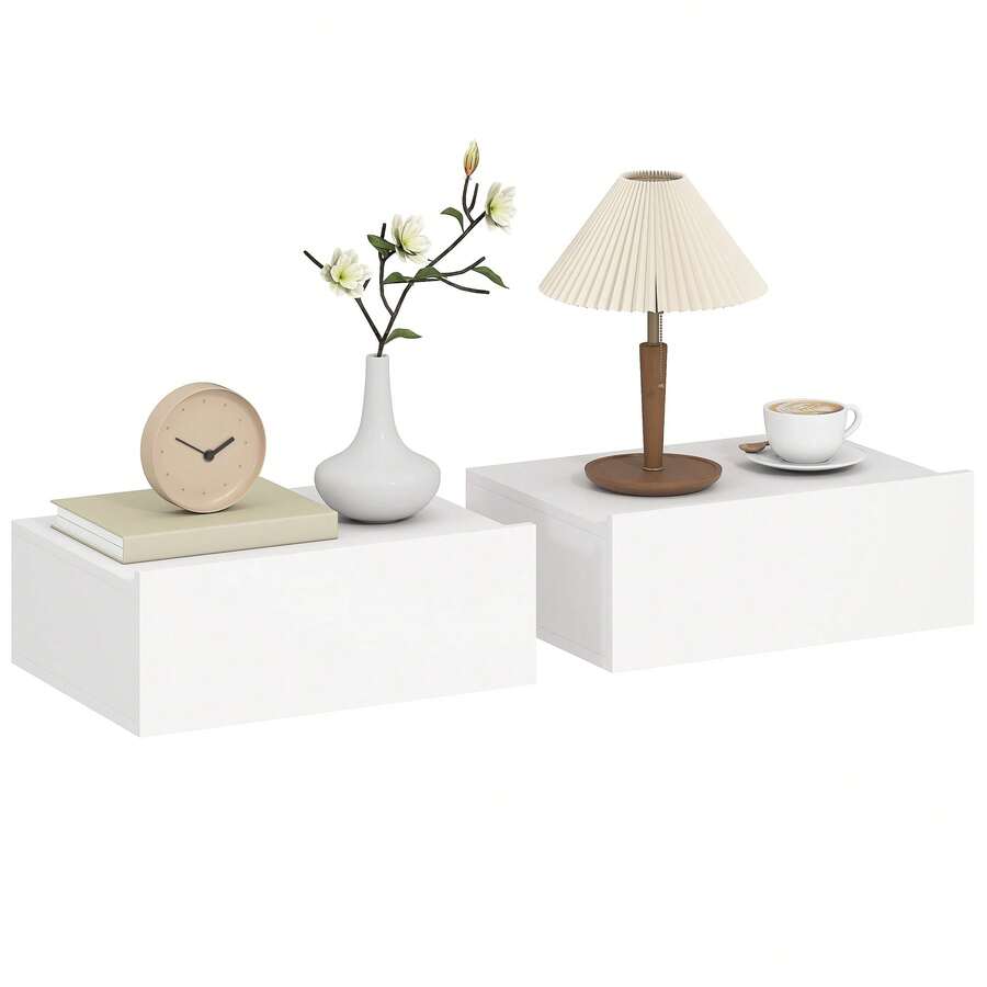 HOMCOM Set de 2 Mesillas de Noche de Pared, Mesitas de Noche Flotantes con 1 Cajón, Mesas Auxiliares para Dormitorio, Habitación Hogar, Diseño Sencillo, 40x30x15 cm - Blanco - Ver 1