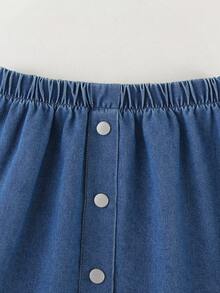 Tween Girls' Casual Vacation Street Fashion Sweet Loose Waist Vintage Washed Blue Denim A-Line Skirt, New Arrival - Medium Wash - View 4