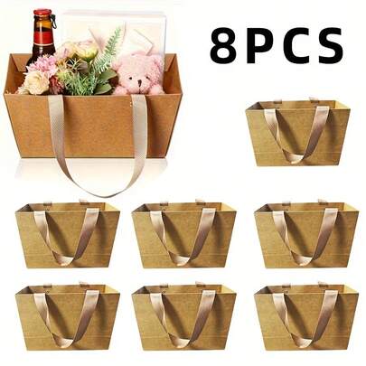 8 túi quà bằng giấy Kraft tái sử dụng có tay cầm - Bền chắc, chất lượng cao, phù hợp để mua sắm, tặng quà, đựng hoa, dự tiệc, đám cưới và các ngày lễ - Dễ dàng buộc ruy băng.