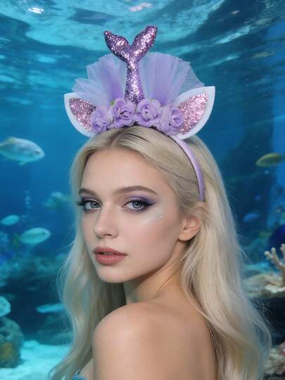 1件卡通美人鱼尾巴发箍，清新美人鱼公主花朵蕾丝发饰，适合女性、角色扮演、派对、音乐节、水族馆等场合。