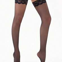 1 Pair 20D Women Lace Over-The-Knee Socks With Anti-Slip Silicone, Sexy & Fashionable - 彩色 - 查看 2