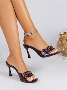 Women's Summer New One-Strap Round Toe Tassel Chain Buckle Stiletto High Heel Slippers - Burgundy - View 3