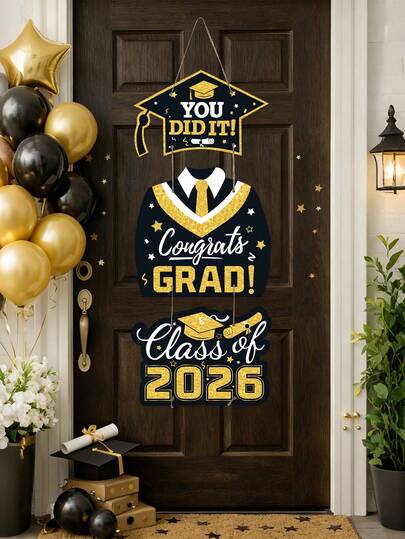 1pc Black & Gold 2026 Graduation Party Door Hanging Decor, 2026 Graduation Season Party Supplies, You Did It, Congratulations 2026 Graduates, Graduation Party Decorations, Campus Yard Decor, Indoor Outdoor Decor, Wall Door Decor, Happy Graduation Day Paper Banner, Graduation Ceremony Decorations, Graduation Party Supplies, Graduation Gifts, Party Favors, Congratulations Graduation Party Decor