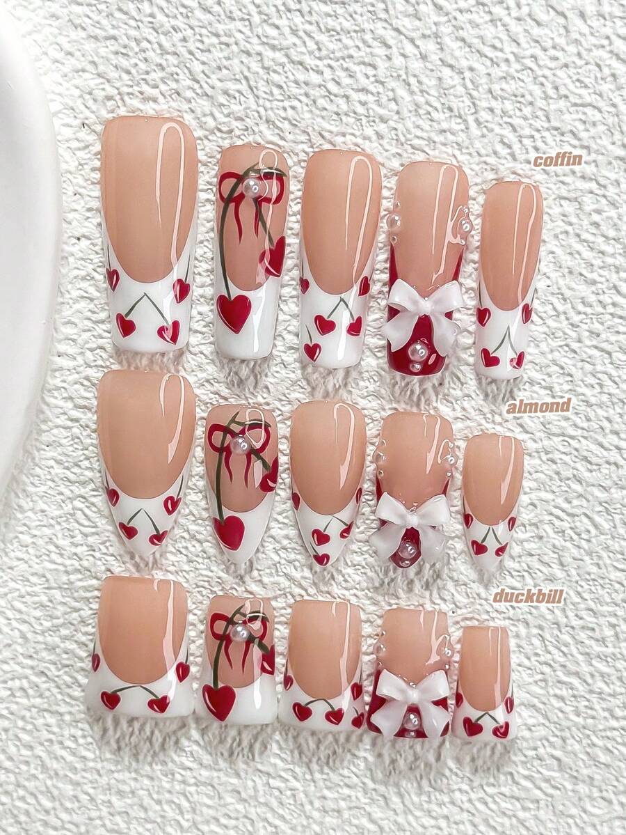 10件套樱桃甜美美甲套装，亚克力美甲装饰，3D蝴蝶结，手绘红樱桃，白色珍珠，白色指甲油，浪漫夏日美甲，包含美甲工具（1个果冻贴+1个指甲锉），3种尺寸：杏仁形、鸭嘴形、棺材形，适合日常、派对、拍照、婚礼、春夏手工按压式美甲 - 彩色 - 查看 1
