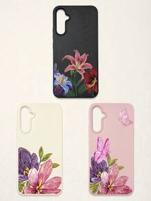 3件套花卉蝴蝶印花仿皮手机壳，粉色/白色/黑色TPU材质，防震防刮，浪漫花卉风格，夏季手机壳，可爱手机壳，花朵手机壳，兼容和Galaxy手机，适合日常使用，生日、母亲节、毕业礼物，手机配件 - 彩色 - 查看 25