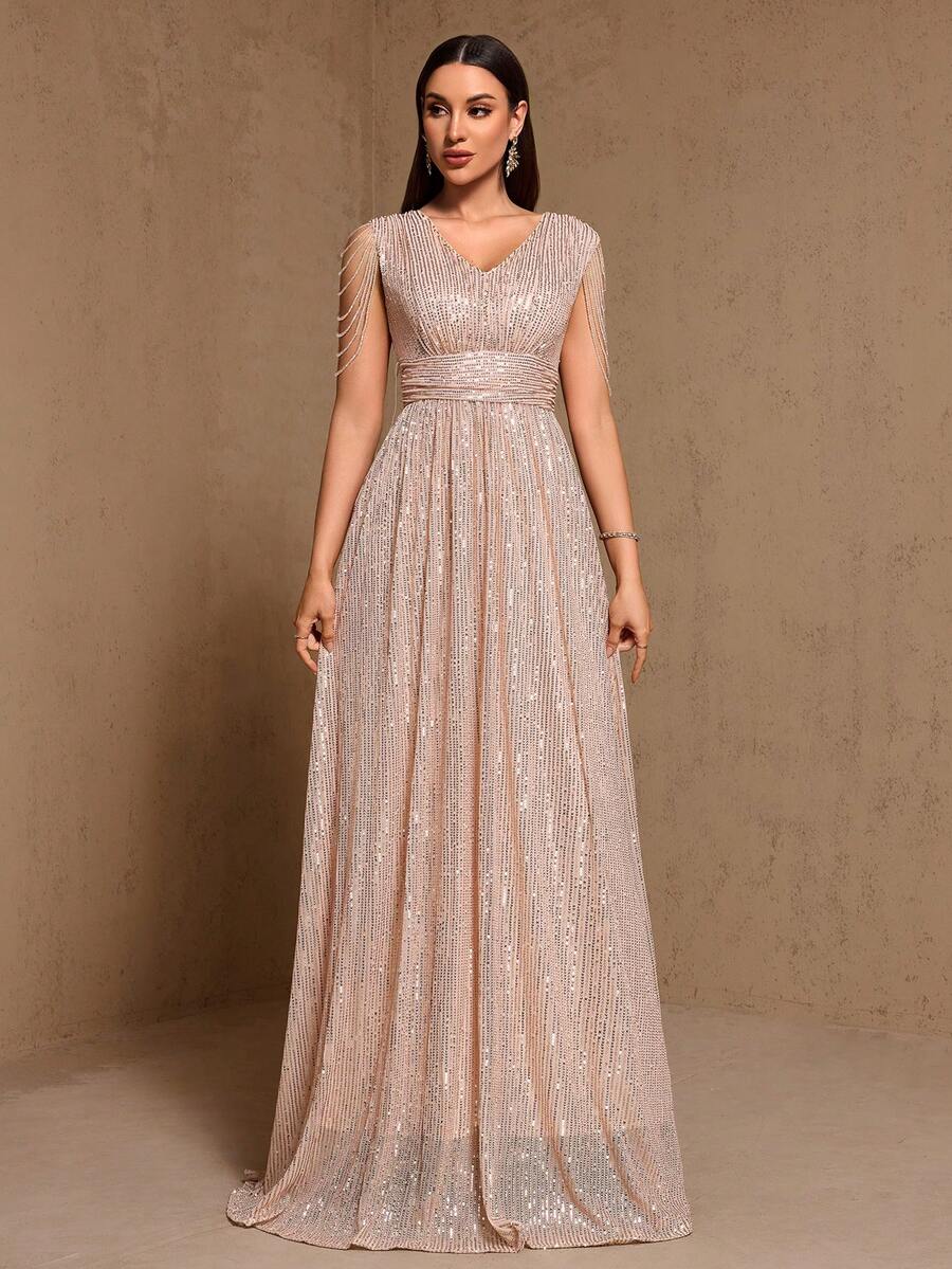 优雅亮片流苏无袖晚礼服 - 香檳色 - 查看 1