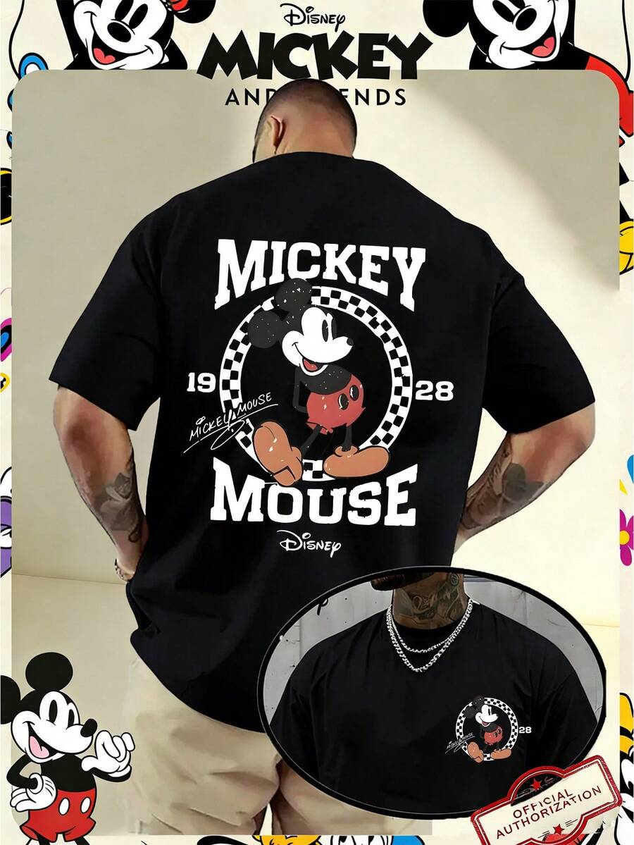 Disney Official Licensed Vintage 1928 Cartoon Mouse Print T-Shirt, 220g Casual Loose Short Sleeve Crew Neck Retro Streetwear Fashion Top Gift For Men Women Teens - màu đen - Xem 1