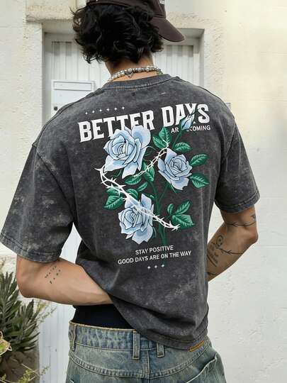  FRACTYR Men's Vintage Rose & Thorn Print T-Shirt, Casual Street Y2K Style For Summer