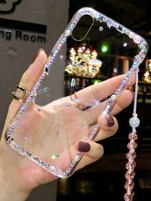 Fashionable Minimalist Rhombus Oblong Single Row Rhinestone Frame Transparent Phone Protective Case Suitable For IPhone 17 Pro Max/16 Plus/XS Max/7G With Crystal Lanyard Anti-Drop Phone Case - Pink - View 3