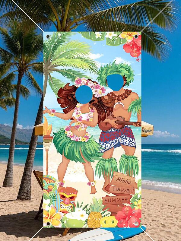 1pc Hawaiian Couple Photo Booth Prop With Face Cutout, Hawaiian Photo Banner, Summer Beach Party Backdrop, Hawaiian Couple Photo Frame, Hawaiian Tropical Party Decor, Summer Beach Party Backdrop Decor, Aloha Party Supplies, Flamingo Party Decor, Summer Decor, Holiday Party Supplies, Summer Party Favors