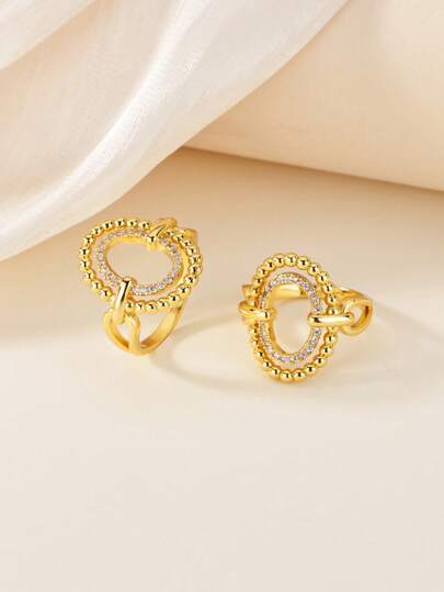 18K Gold Plated Hollow Geometric Oval Vintage Zirconia Ring, Unique Jewelry Couple Set