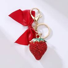 Girl's Heart-Shaped Rhinestone Strawberry Keychain, Alloy Paved Rhinestone Bow & Lobster Clasp Pendant, Sweet Fashionable Bag Charm, Popular Small Gift - Multicolor - View 6