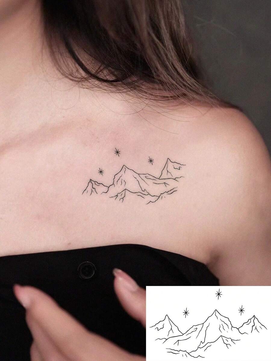 1张时尚防水极简山脉轮廓临时纹身贴纸，星空雪山设计，锁骨肩颈优雅贴纸，适合人群 - 黑色 - 查看 1