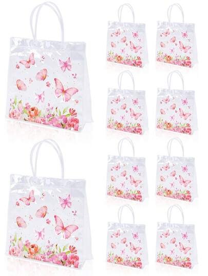 10pcs Butterfly Pattern Transparent PVC Party Gift Bags (Each Set With Handle), Butterfly Transparent Gift Packaging Bags, Girls Birthday Party Tote Bags, Butterfly Birthday Party Gift Bags, Baby Shower Party Tote Bags, 1st Birthday Party Gift Bags, Baby Shower Decorations, Gender Reveal Decorations, Welcome Baby Girl Party Tote Bags, Newborn Baby Girl Party Decorations, Birthday Gifts, Butterfly Decor, Reusable PVC Bags