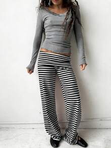 Lounge Yoga Pants For Women Fold Over Low Waist Wide Leg Sweatpants Flare Leggings Bell Bottoms Y2K Foldover Pants - 黑白條紋 - 查看 3