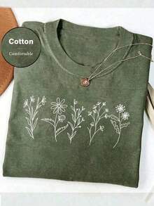 2026 Summer Clothes2026 SUMMER TopWomen Floral Print Crew Neck Loose Casual T-Shirt, Short SleeveLoose And ComfortableshirtLoose And Comfortablesummer Tops - 橄欖綠 - 查看 5