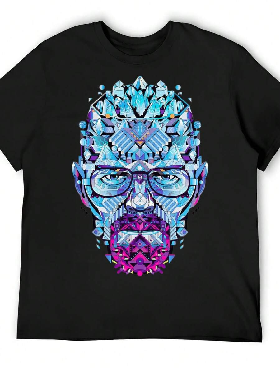 Crystal Geometric Face Design With Blue And Purple Hues And Symmetrical Patterns  Unisex T-Shirt,All Sizes Available,Family Matching Outfits 180 G Heavy Cotton T Shirt Comfortable And Breathable Relaxed Fit Tee Cotton T Shirt Funny Shirt - 黑色 - 查看 1