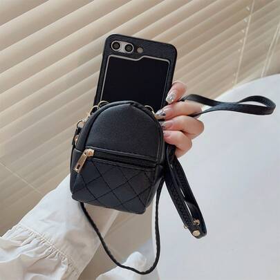 Black Leather Folding Phone Case With Coin Pouch & Crossbody Strap, Suitable For Samsung Galaxy Z Flip3 5G/Galaxy Z Flip 4 5G/Galaxy Z Flip 5 5G/Galaxy Z Flip 6 5G/Galaxy Z Flip 7 5G, Minimalist Luxury Foldable Screen Protective Cover