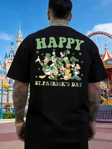 Disney Men's St Patricks Day T-Shirt With Mickey Mouse, Donald Duck, Goofy, And Clover Prints. Lucky Round Neck Short-Sleeved Men's Top, Comfortable, Breathable, And Skin-Friendly Pure Cotton, Suitable For Holiday Outings, Vacations, And Everyday Commuting. - Black - View 3