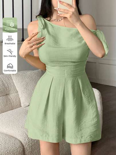 abyoxi Mono ligero verde claro sexy con cuello asimétrico, un hombro y cintura con lazo, minimalista, para uso casual, viajes a la playa, uso diario, mono corto para primavera/verano