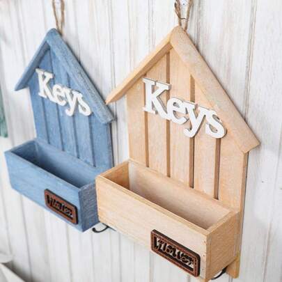 1pc/Set, Wooden Flower Pot Wall Hanging, Mediterranean Style Artificial Flower/Dried Flower Wooden Box Planter, Includes Key Hook, Suitable For Entryway Storage, Living Room Decor, Hallway Accents, Combines Storage And Space Beautification