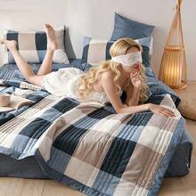 1件亲肤简约格子+花卉绗缝宽边夏季被，柔软细腻，吸湿透气，简约优雅，时尚空调被，轻盈透气夏季被 - 幽蘭 - 查看 2