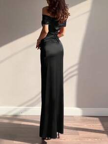 WOWDARK Women's Summer Off-Shoulder Tie Strap Solid Color Elegant Party Dress Black Wedding - Black - View 6