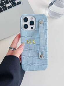 个性化定制姓名奢华仿鳄鱼纹皮革腕带手机套，兼容苹果17/16/15/14/13/12/11 Pro，情人节礼物 - 綠色 - 查看 6