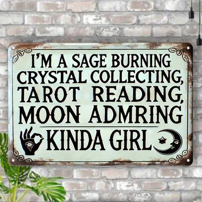 1件复古铁艺牌匾 - “我是烧杯，收集水晶，解读塔罗牌，凝望月亮，一个温柔的女孩” - 巫术主题墙饰，月亮和星星图案 - 适用于家居、厨房、酒吧、花园或农舍装饰，月亮主题装饰