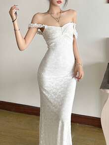 Đầm maxi ren trắng không tay dành cho nữ, đầm dạ hội dự tiệc thanh lịch với dây đeo mảnh. - trắng - Xem 5