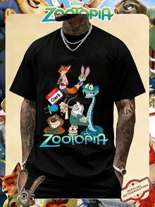 Disney Official Licensed Zootopia 2 Character Group Print 220g Cotton Crew Neck Unisex Tee - 黑色 - 查看 1