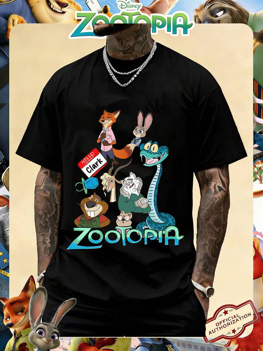 Disney Official Licensed Zootopia 2 Character Group Print 220g Cotton Crew Neck Unisex Tee - 黑色 - 查看 1
