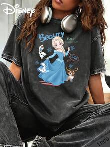 Disney Frozen Elsa Snow Treasure Sven Beauty Snowflake Printed Vintage Loose Short Sleeve T-Shirt - Black - View 1