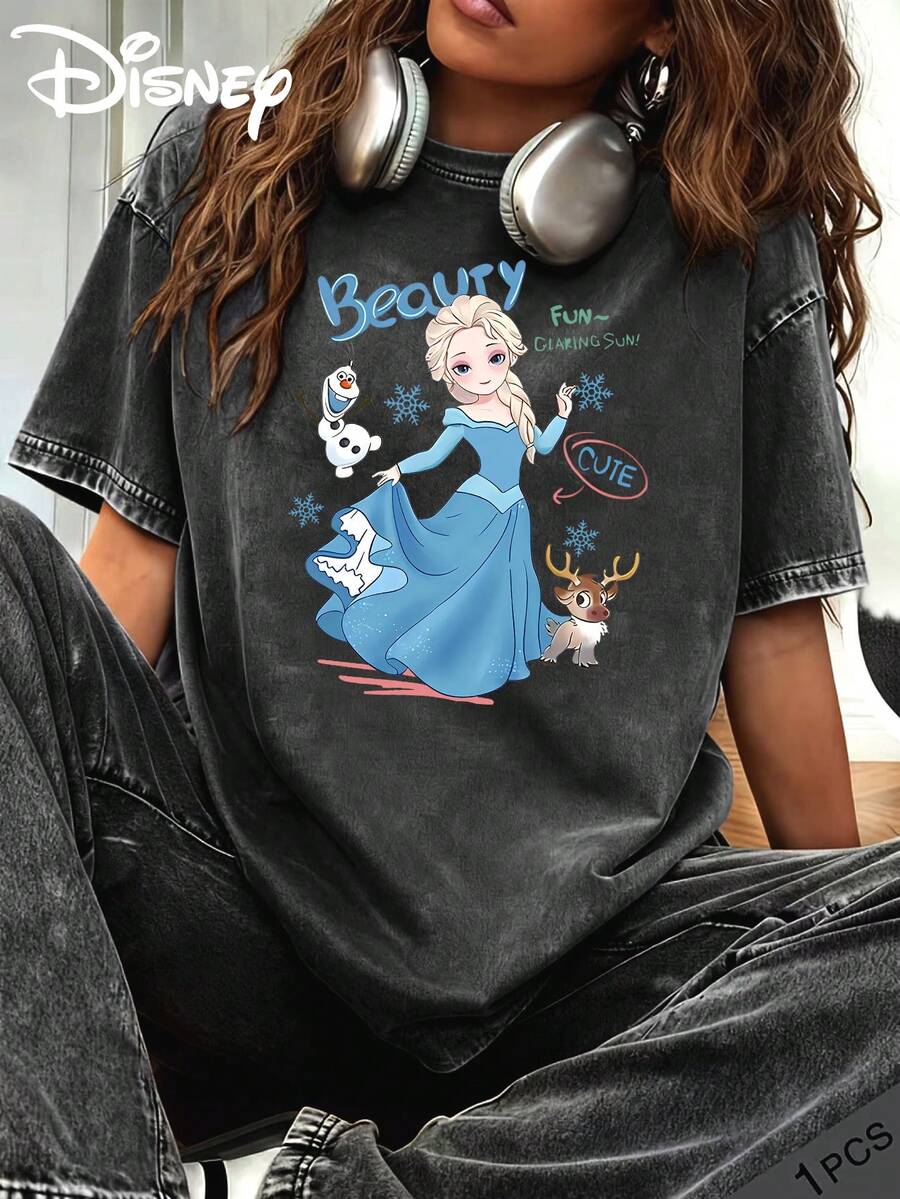 Disney Frozen Elsa Snow Treasure Sven Beauty Snowflake Printed Vintage Loose Short Sleeve T-Shirt - Black - View 1