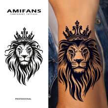 AMIFANS 临时纹身贴纸，皇冠狮子图案，可持续1-2周，持久耐用，果汁纹身贴纸，逼真纹身贴纸，浪漫纹身贴纸，防水，独特设计纹身贴纸，水果纹身贴纸，植物纹身贴纸 - 黑色 - 查看 2