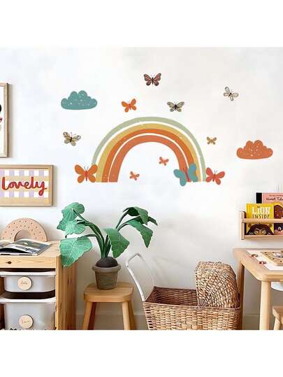 1pc Cartoon Rainbow Cloud Butterfly Wall Sticker, Self-Adhesive Removable PVC Material, Suitable For Bedroom, Living Room Or Dormitory, Cute Sky Companion Wall Sticker Set, Colorful Rainbow, Fluffy Clouds And Butterflies, Peelable, Suitable For Children's Room, Dormitory Or Living Room, Create A Coordinated Fantasy Decor, Instantly Transform Ordinary Walls Into A Fantasy Sky Scene