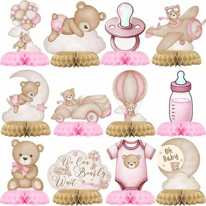 12pcs/Set,Pink Bear Party Centre Decoration Set-Bear Honeycomb Birthday Decoration For Bear Theme Birthday Party And Newborn Party Table Decoration,Bear BabyShower Table Decorations Birthday Party Table Centerpieces Toppers,Pink Little Bear Balloons Paper Topper Honeycomb 3D Table Decoration