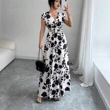 2026 New Short-Sleeve Tie-Front Dress Printed V-Neck Long Dress Summer Waist-Defining Women's Wear - 白底黑花連身裙 - 查看 4