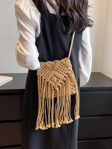 1pc Minimalist Vacation Style Fashion Straw Tassel Shoulder Bag, Chic Small Casual Lightweight Crossbody Bag, Versatile Beach Bag & Daily Commute Tote For Women, Made Of Polyester - Khaki - View 9