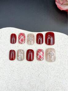 10片手工美甲贴纸，酒红色短椭圆形，时尚花香风格，法式美甲贴纸，美甲贴花，新年美甲，情人节美甲，UV凝胶美甲，夏季美甲，可佩戴美甲，优雅别致设计，高端法式风格，凝胶指甲油，闪粉，猫眼效果，金属光泽 - 酒紅色 - 查看 9
